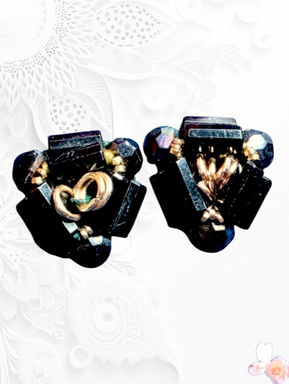 Vintage West Germany AB Crystal Black and Gold Clip On Earrings 711